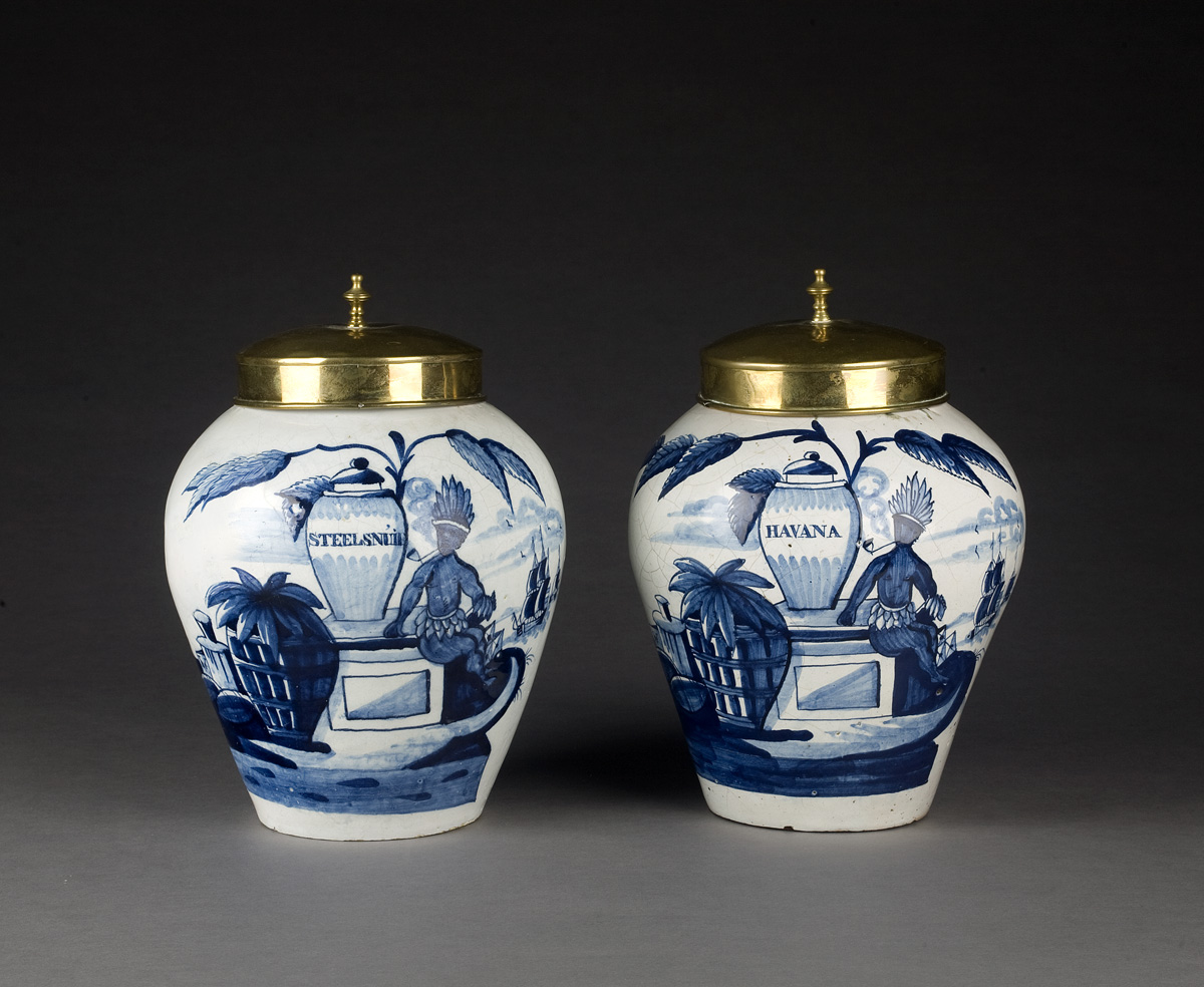 Appraisal: PAIR OF DELFT BLUE AND WHITE TOBACCO JARS EIGHTEENTH CENTURY