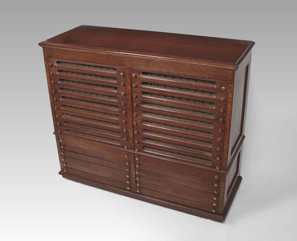 Appraisal: LARGE DRAWER SPOOL CABINET Walnut with burled walnut panels The