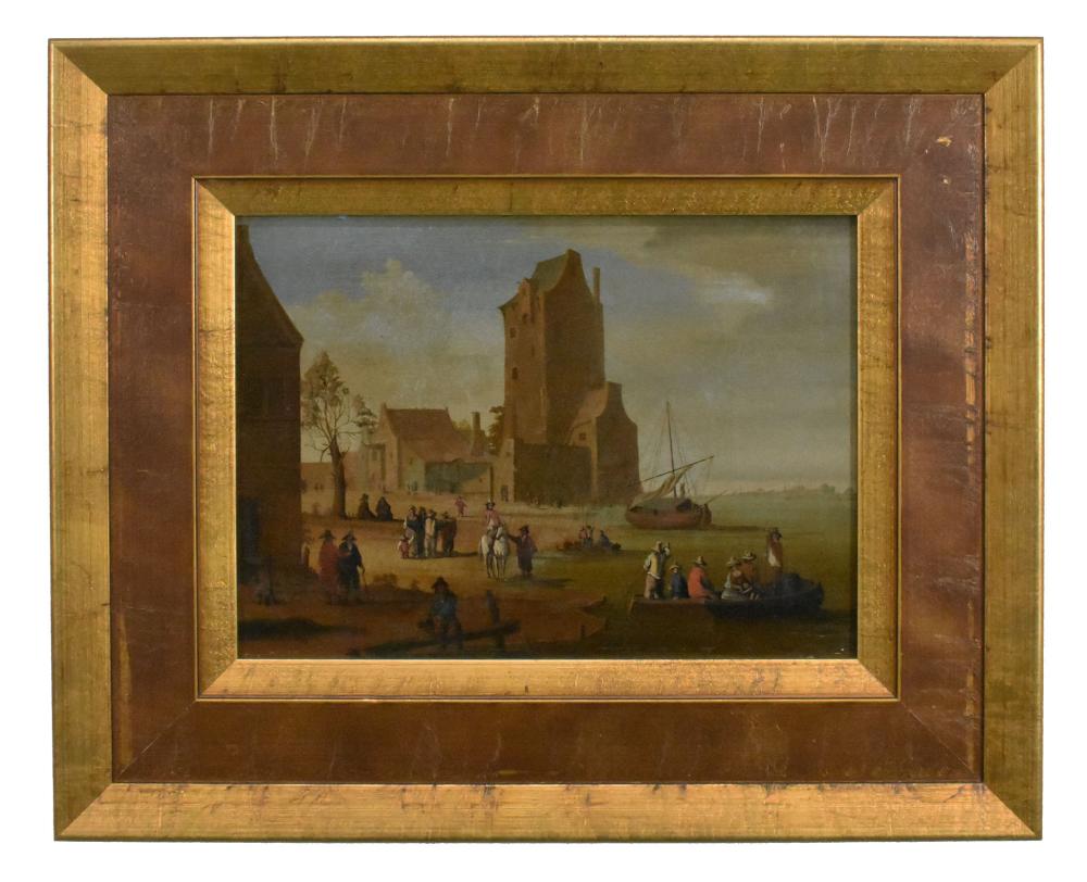 Appraisal: EUROPEAN SCHOOL th th Century Untitled Dutch Cityscape with Harbor