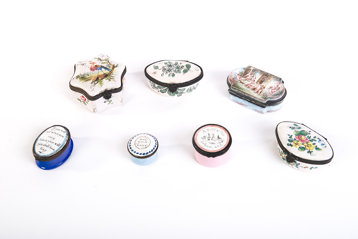 Appraisal: SEVEN ENGLISH SNUFF BOXES Nineteenth- th century Hand decorated enameled