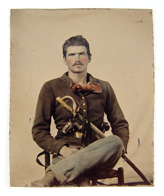 Appraisal: PLATE CIVIL WAR SOLDIER TINTYPE WITH SWORD GUN Unidentified sitter