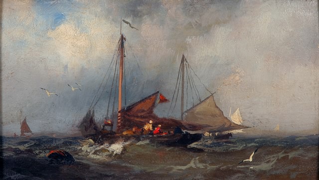 Appraisal: Boats on a stormy sea oil on panel x SLR