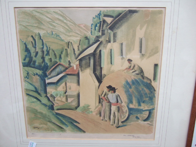 Appraisal: Ian Macnab - Figures in a street colour woodcut signed