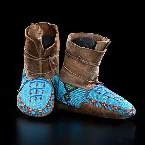 Appraisal: Assiniboine Beaded Hightop Moccasins thread-sewn smoke-tanned elk or moose hide