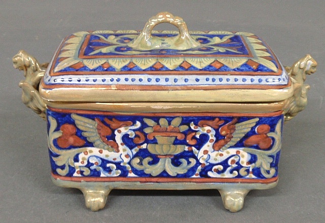 Appraisal: - Italian lusterware box c with griffin-form handles h x