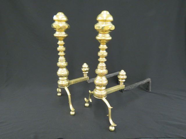 Appraisal: Pair of Brass Andirons Federal Style recently polished and lacquered