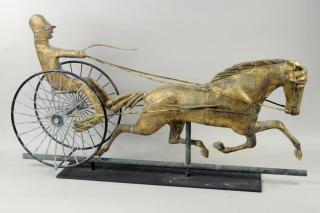 Appraisal: GIlded Copper Horse Sulky Weathervane Gilded copper horse and sulky