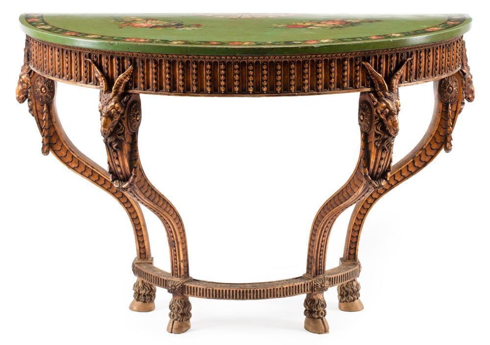 Appraisal: Antique Italian Neoclassical-Style Carved Giltwood Demilune Console floral polychrome top