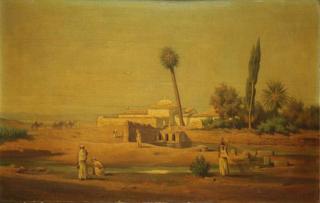 Appraisal: Landscape with Figures Camels and Mosque Signed and dated lower