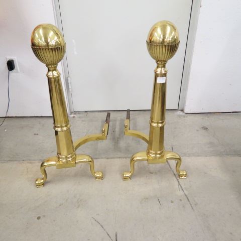 Appraisal: Pair of Brass Andirons classic form polished lacquered tall