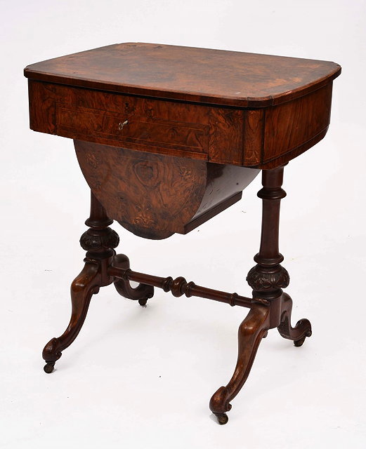 Appraisal: A VICTORIAN BURR WALNUT WORK TABLE the interior fitted a