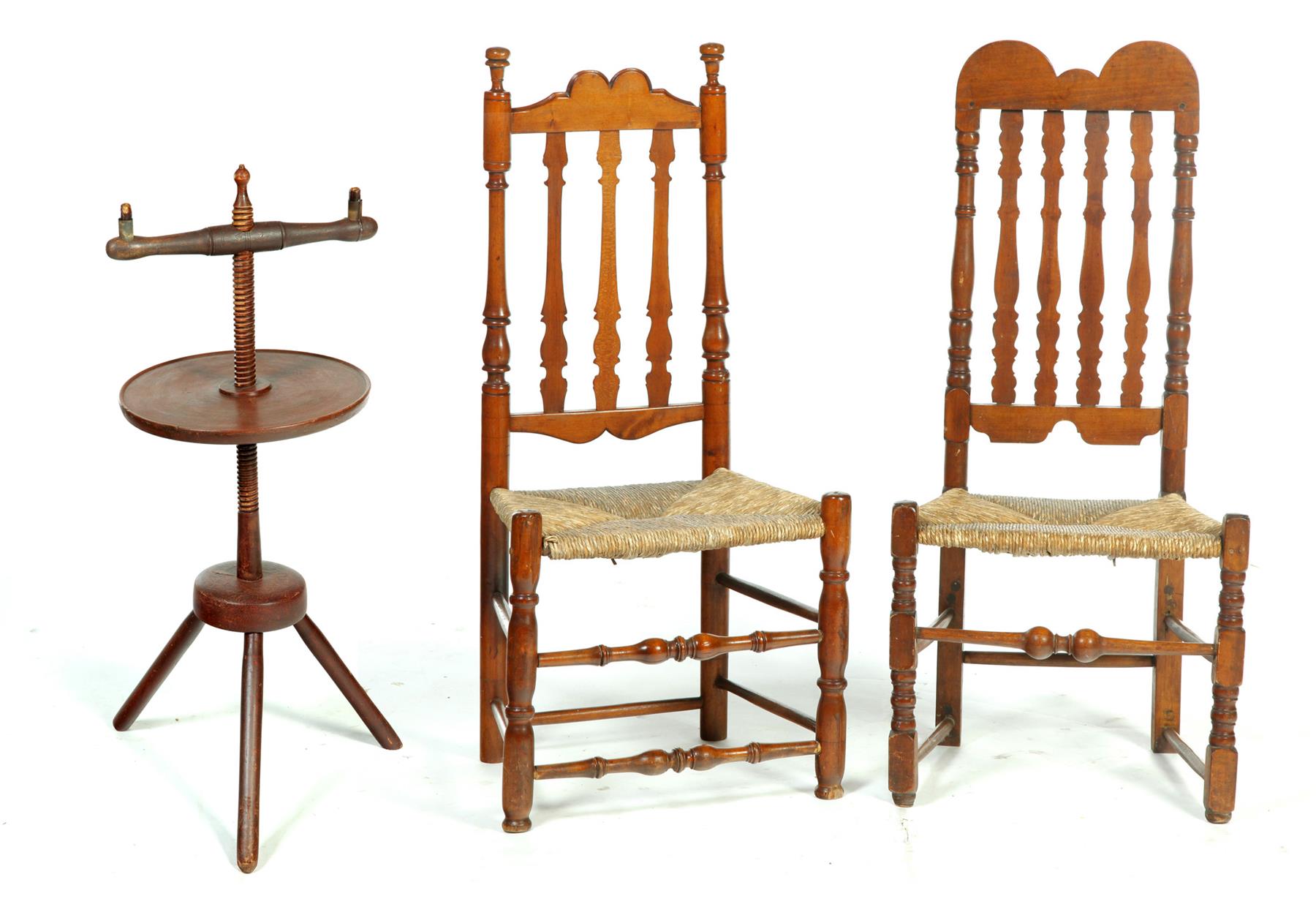 Appraisal: OAK CANDLESTAND WITH TWO BANNISTER-BACK SIDE CHAIRS American ca Adjustable