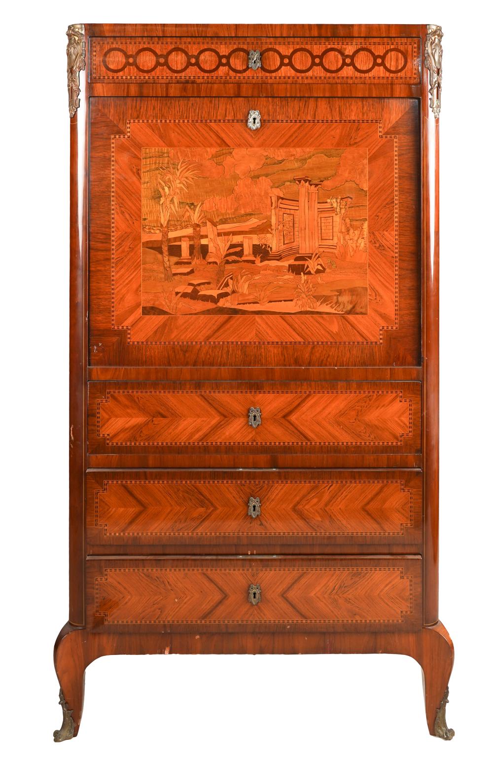 Appraisal: MARQUETRY PARQUETRY SECRETAIRE A ABATTANTearly th century with marble top