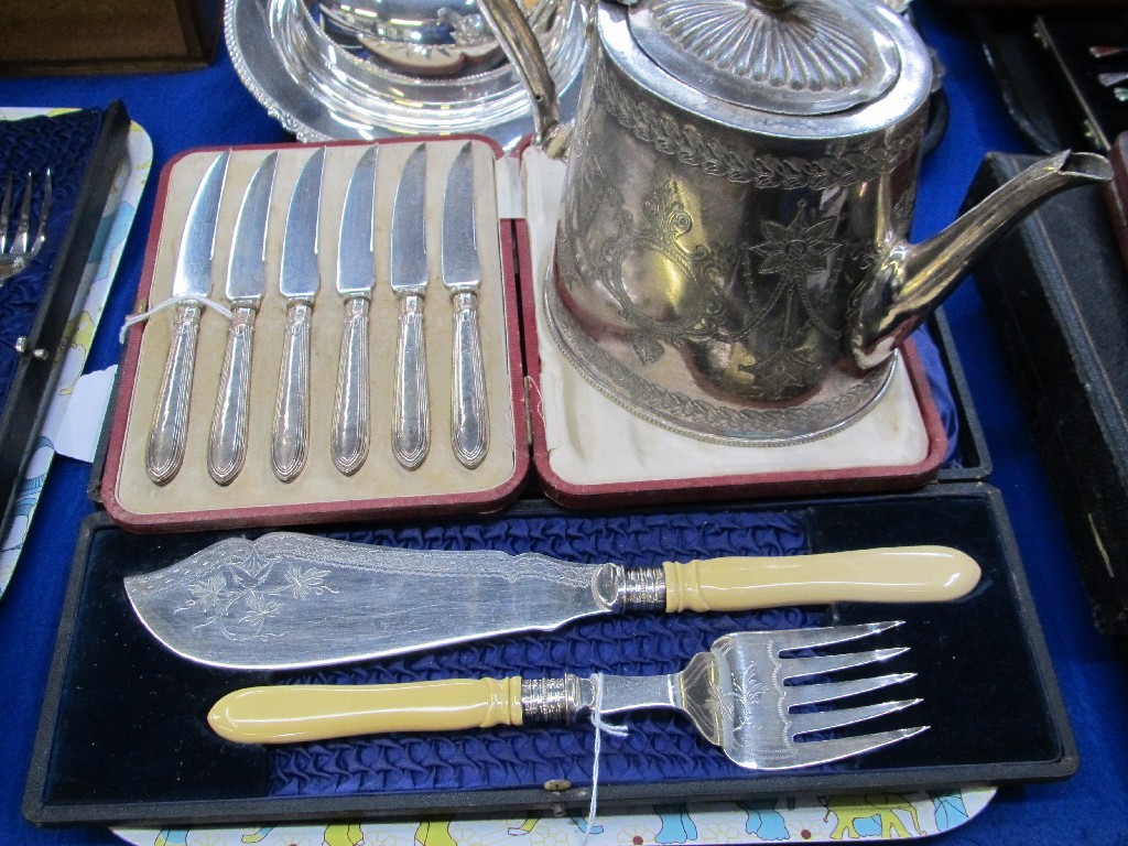 Appraisal: A lot comprising cased cheese knives teapot and a cased