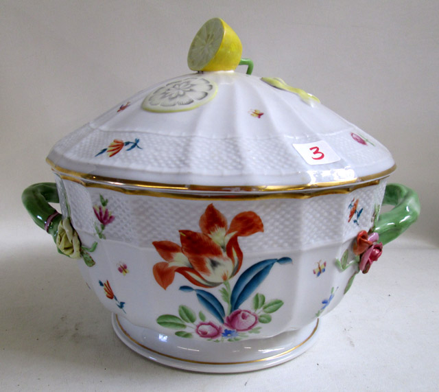 Appraisal: HEREND COVERED SERVER with sliced lemon finial in a floral