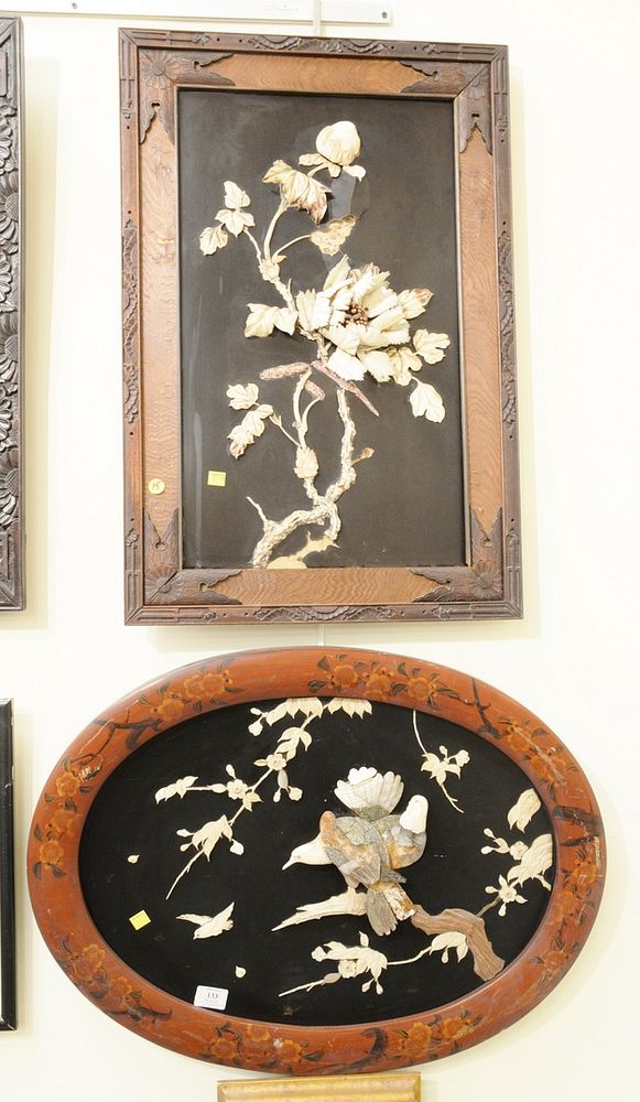 Appraisal: Group of three Japanese applique lacquer panels having carved bone