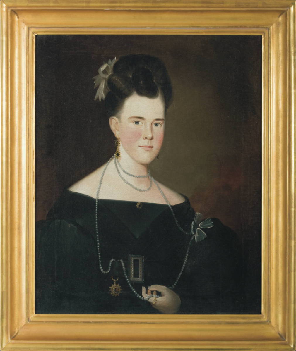 Appraisal: PORTRAIT OF A YOUNG WOMAN IN BLACK DRESS WEARING A