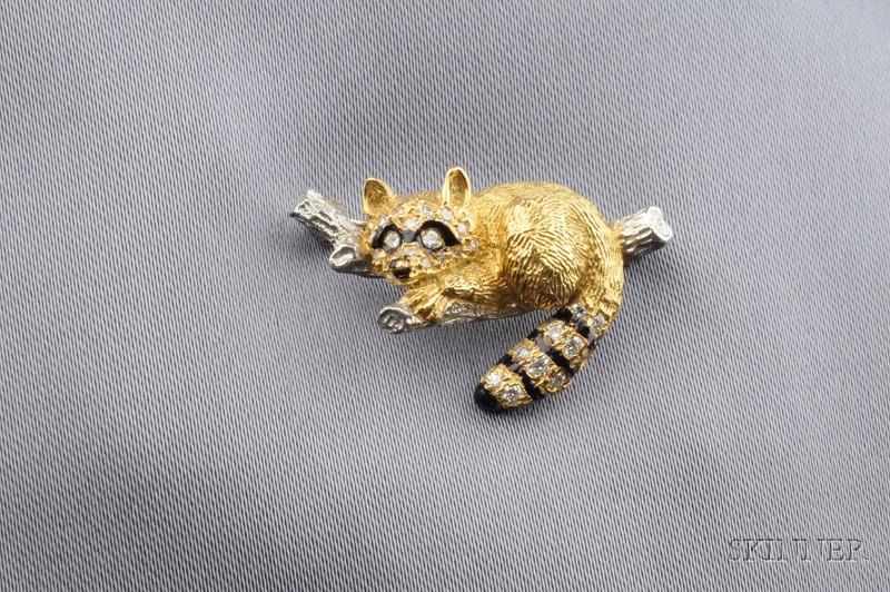 Appraisal: kt Gold Platinum Diamond and Enamel Raccoon Brooch McTeigue set