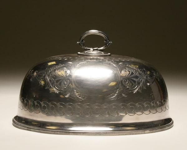 Appraisal: Sheffield silver dish cover of oval form with engraved guilloche