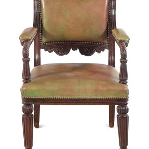 Appraisal: A Regency Simulated Rosewood Leather-Upholstered Library Chair in the Manner