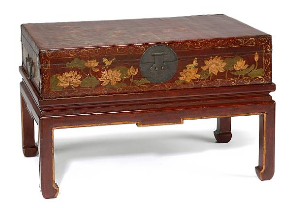 Appraisal: A Chinese polychrome decorated and lacquered pigskin trunk on later