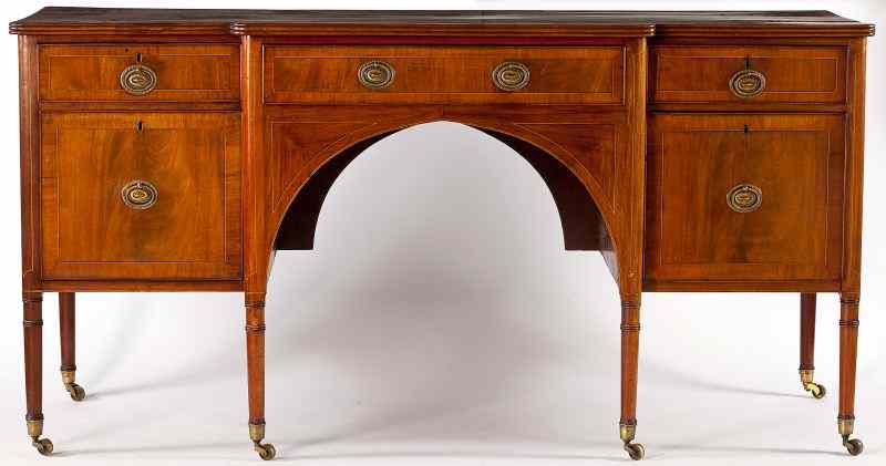 Appraisal: English Sheraton Inlaid Sideboardcirca mahogany mahogany veneers with oak and