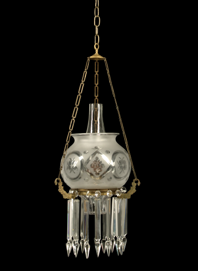 Appraisal: Brass Cut and Frosted Glass and Prism-Hung Suspension Lamp third