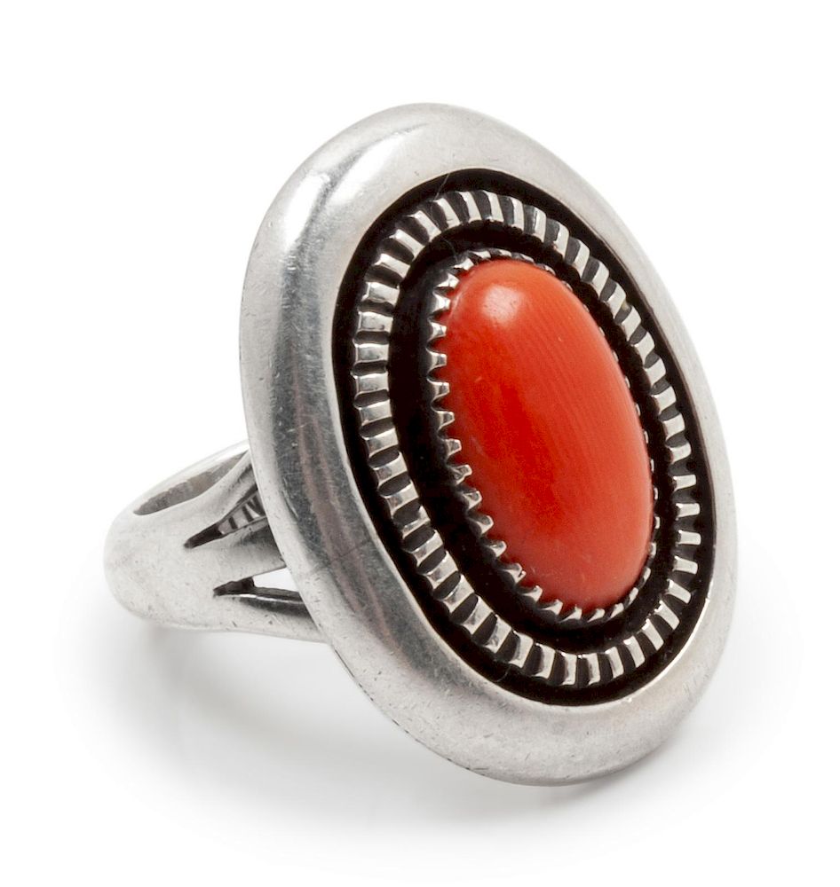 Appraisal: Silver and Coral Ring Silver and Coral Ring signed B