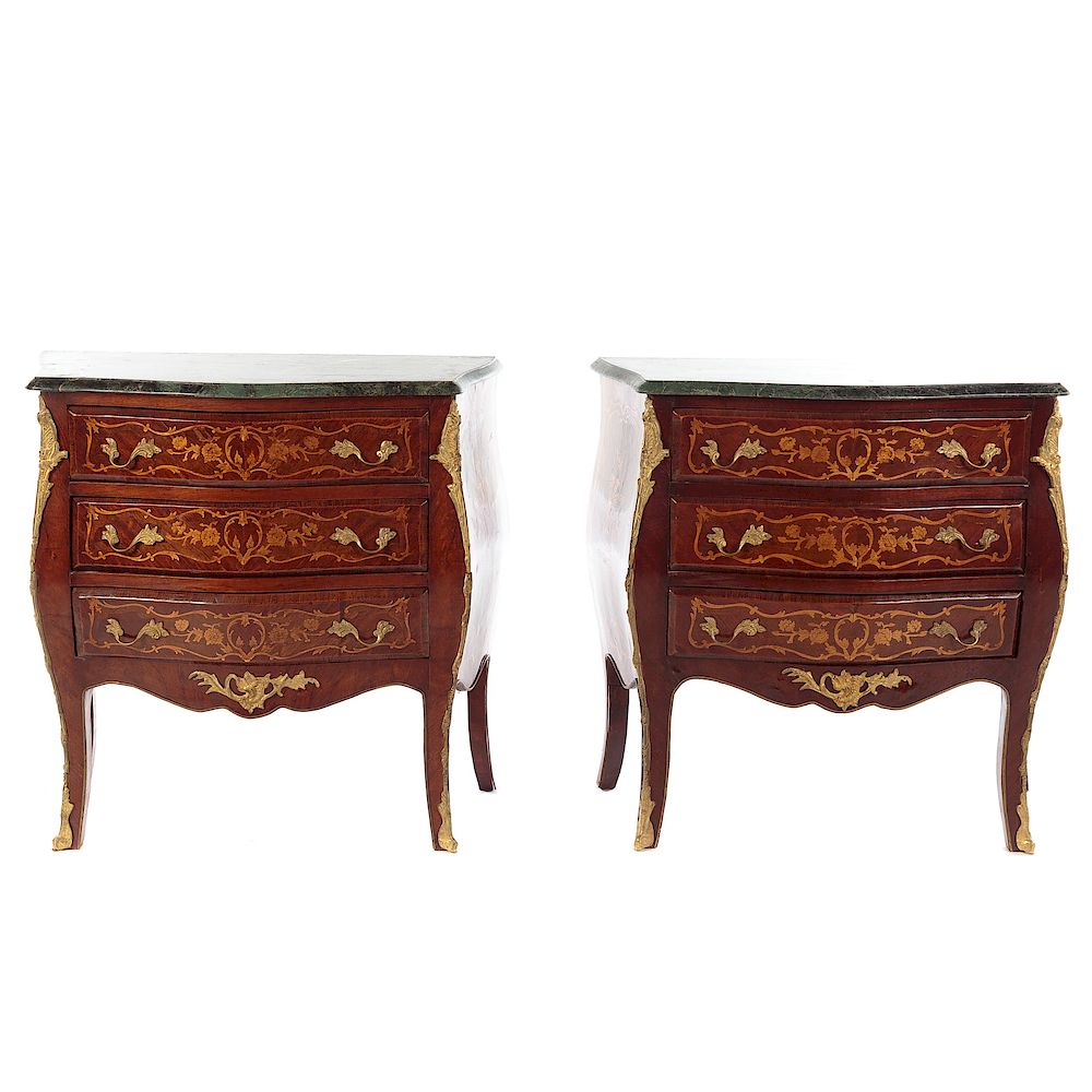 Appraisal: Pair of Louis XV Style Marquetry Bombe Commodes th century