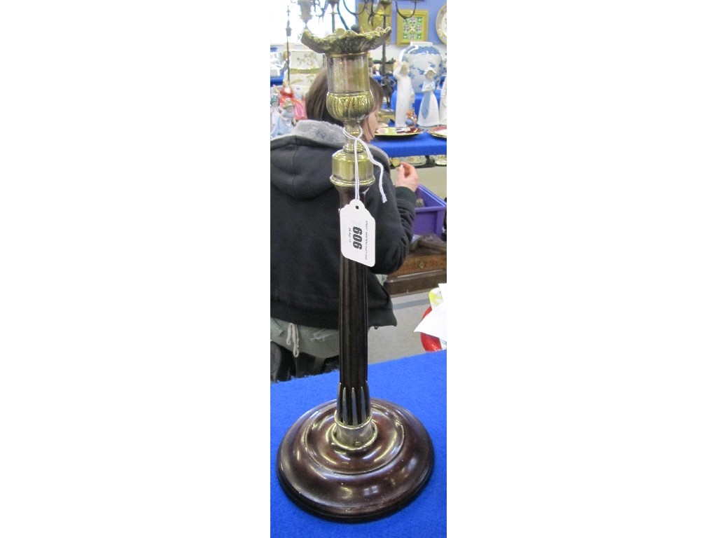 Appraisal: Wooden and brass mounted reeded column candlestick