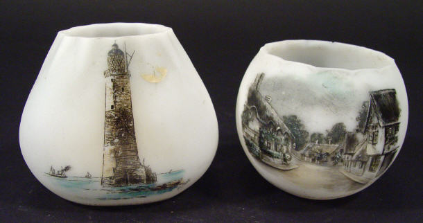 Appraisal: Two frosted glass nightlights decorated with scenes of lighthouse Beachy