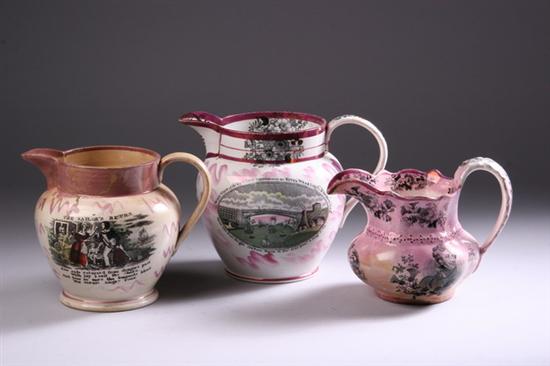 Appraisal: THREE ENGLISH TRANSFER-DECORATED AND PINK LUSTRE WARE JUGS One commemorating