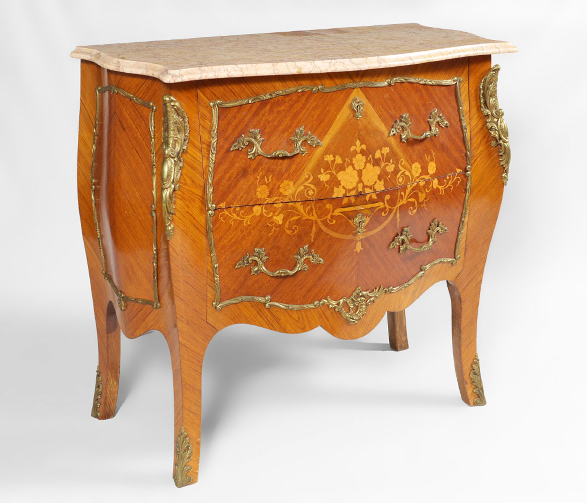 Appraisal: DIMINUTIVE MARBLE TOP MARQUETRY INLAID BOMBE COMMODE Shaped pink variegated