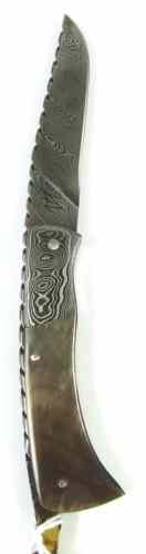 Appraisal: WAYNE VALACHOVIC DAMASCUS FOLDING KNIFE '' blade scalloped spine and