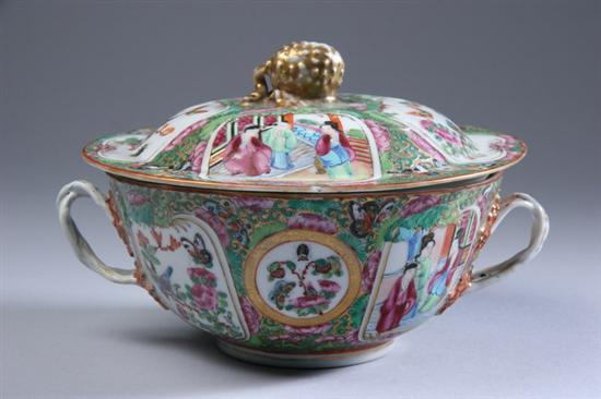 Appraisal: CHINESE ROSE MEDALLION PORCELAIN BOWL AND COVER Circa Twisted handles