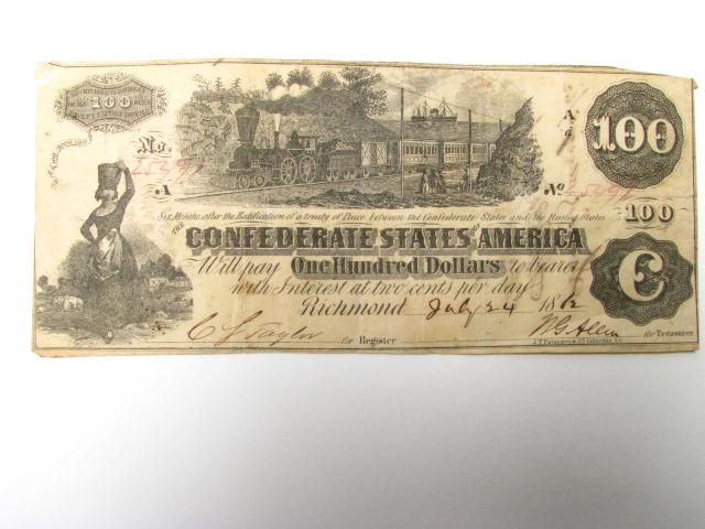 Appraisal: A Confederate States of America one hundred dollar bill Richmond