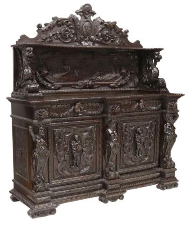 Appraisal: Italian Renaissance Revival ebonized sideboard th c monogrammed cartouche shield