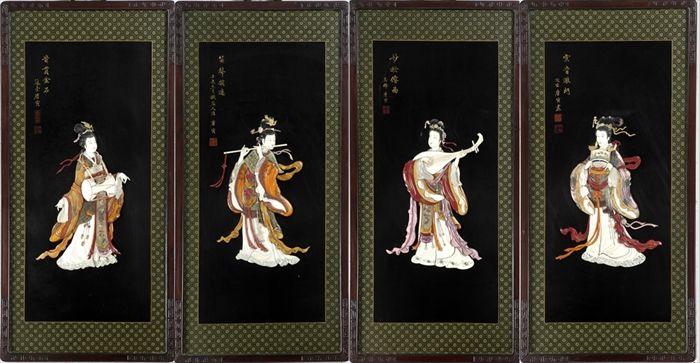 Appraisal: Four Chinese Lacquer Panels with Hardstone Mother-of-Pearl and Ivory Figural