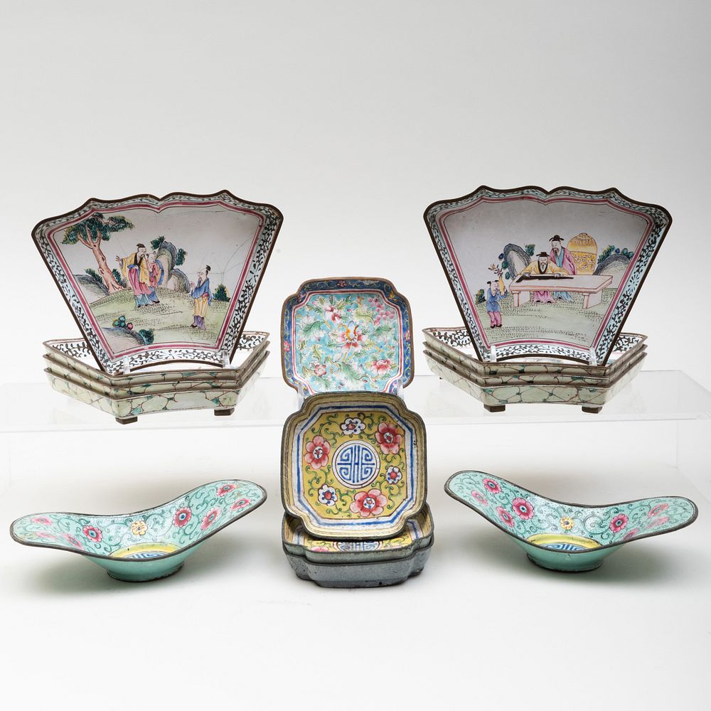 Appraisal: Group of Chinese Canton Enamel Dishes Comprising Set of eight