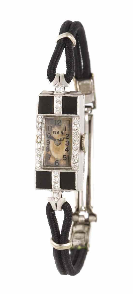 Appraisal: An Art Deco Platinum Onyx and Diamond Wristwatch Elgin case