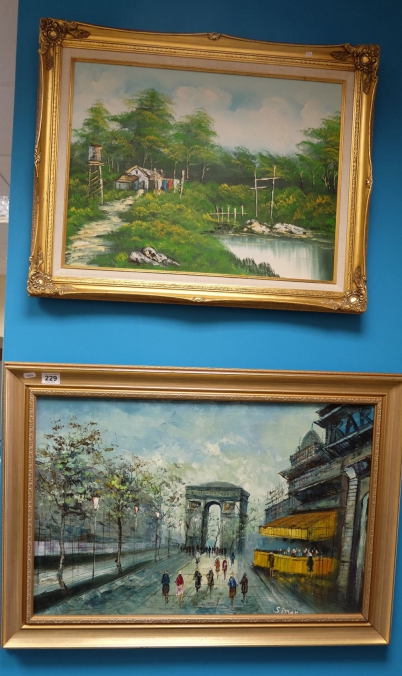 Appraisal: Oil painting on canvass Paris scene signed Simon and another