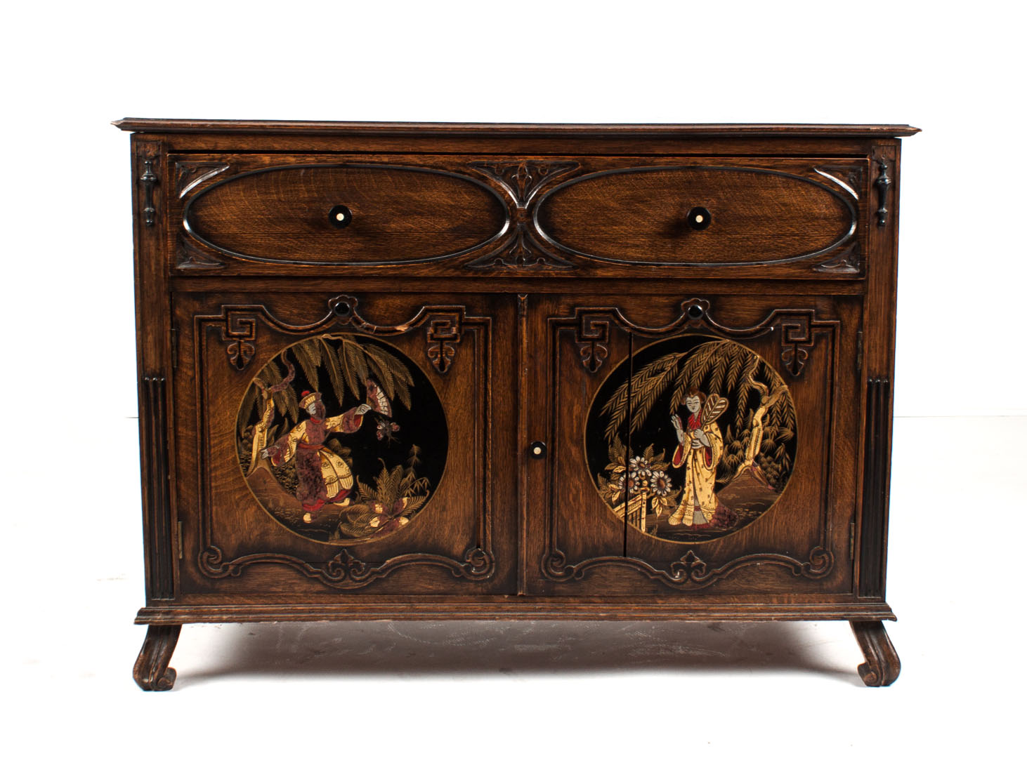 Appraisal: Tudor Revival oak cabinet late th century chinoiserie style cabinet