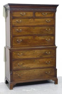 Appraisal: A GEORGE III MAHOGANY CHEST ON CHEST the dentil moulded