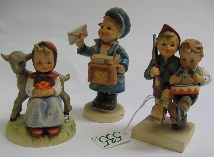 Appraisal: THREE GERMAN HUMEL FIGURINES Volunteers HUM - H TM- Postman