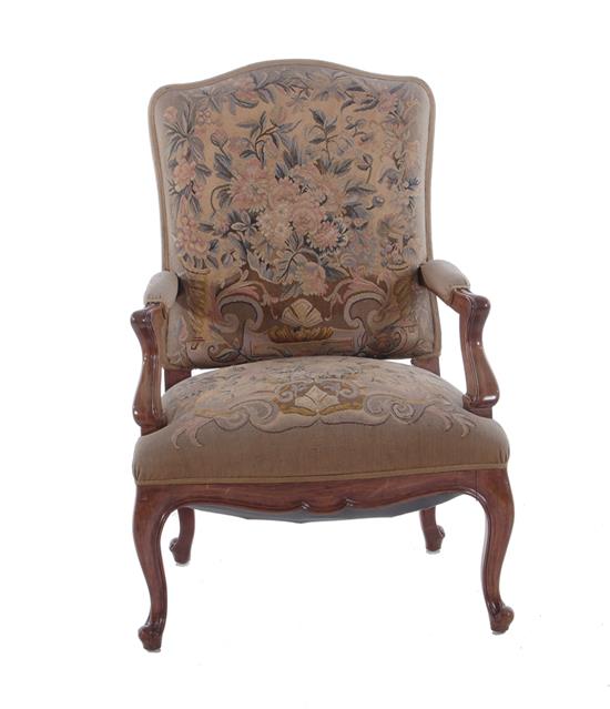 Appraisal: Louis XVI style carved fruitwood and tapestry armchair late th