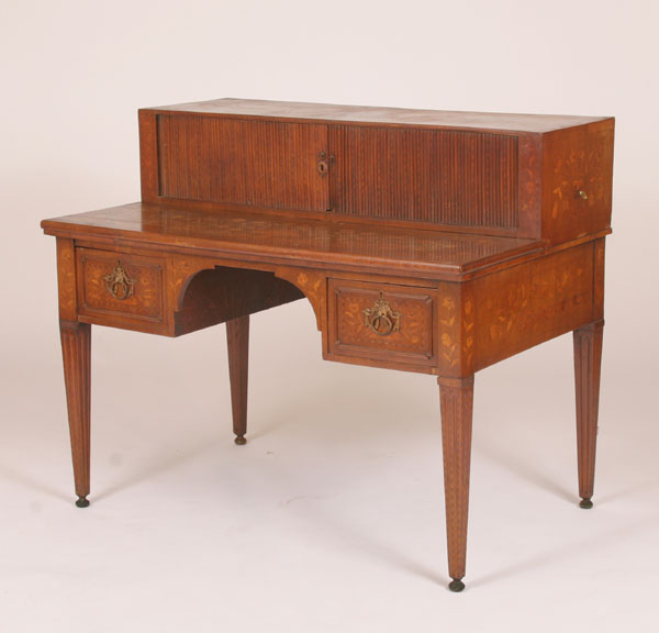 Appraisal: English parquetry marquetry tambour kneehole desk pc classically themed floral