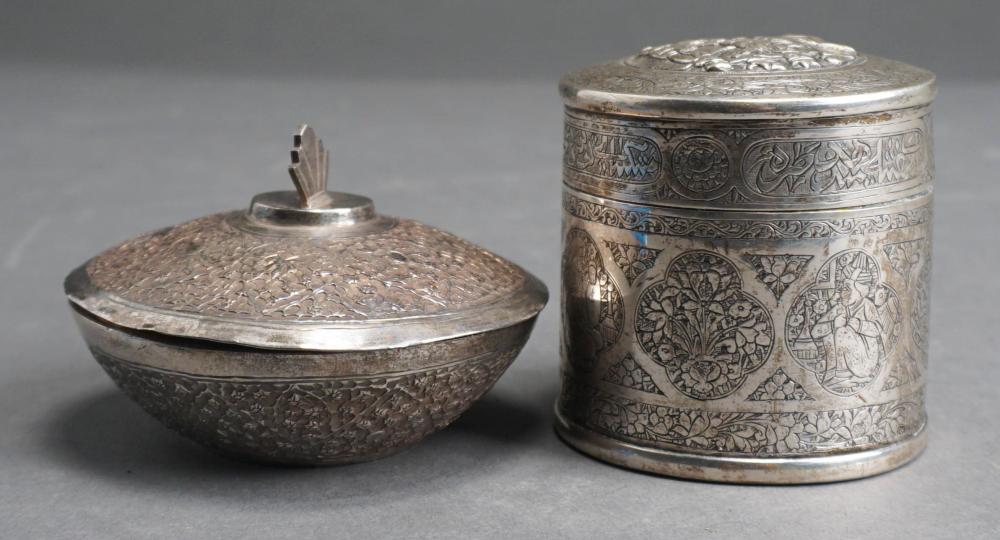 Appraisal: PROBABLY PERSIAN TESTED LOW-PURITY SILVER TOBACCO CANISTER AND COVERED DISH