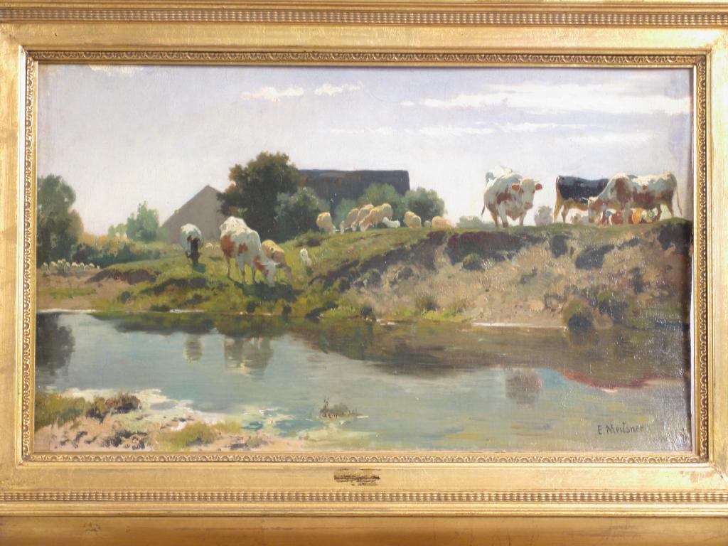 Appraisal: ERNST ADOLPH MEISSNER - Cattle grazing by a River signed