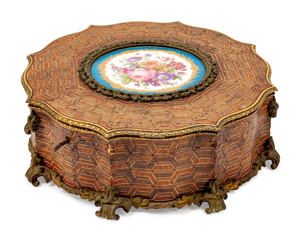 Appraisal: A French Porcelain and Bronze-Mounted Inlaid Wood Chocolate Box A