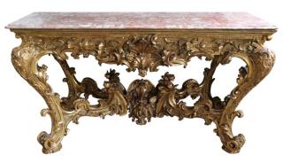 Appraisal: A Monumental Italian Carved and Gilded Wood Console Table The